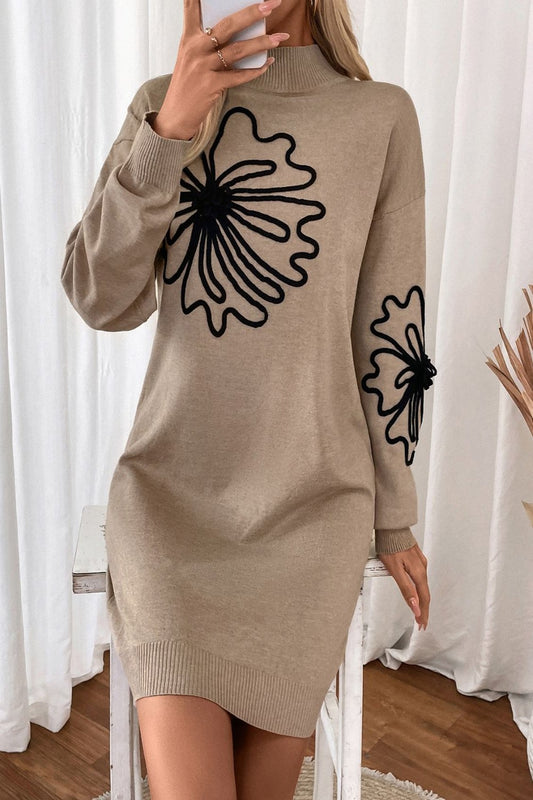 Flower Mock Neck Long Sleeve Sweater Dress Camel Mini Dresses JT's Designer Fashion