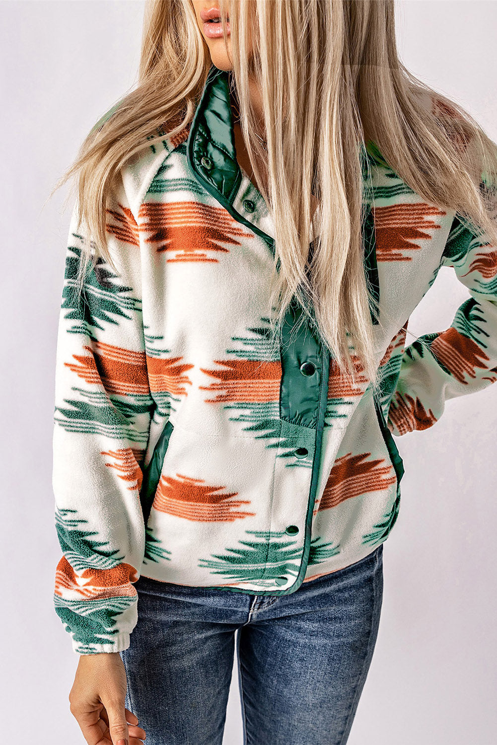 Multicolour Western Aztec Snap Buttoned Fleece Jacket Jackets JT's Designer Fashion
