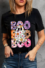 Black BOO Floral Ghost Print Crew Neck Halloween T Shirt Graphic Tees JT's Designer Fashion