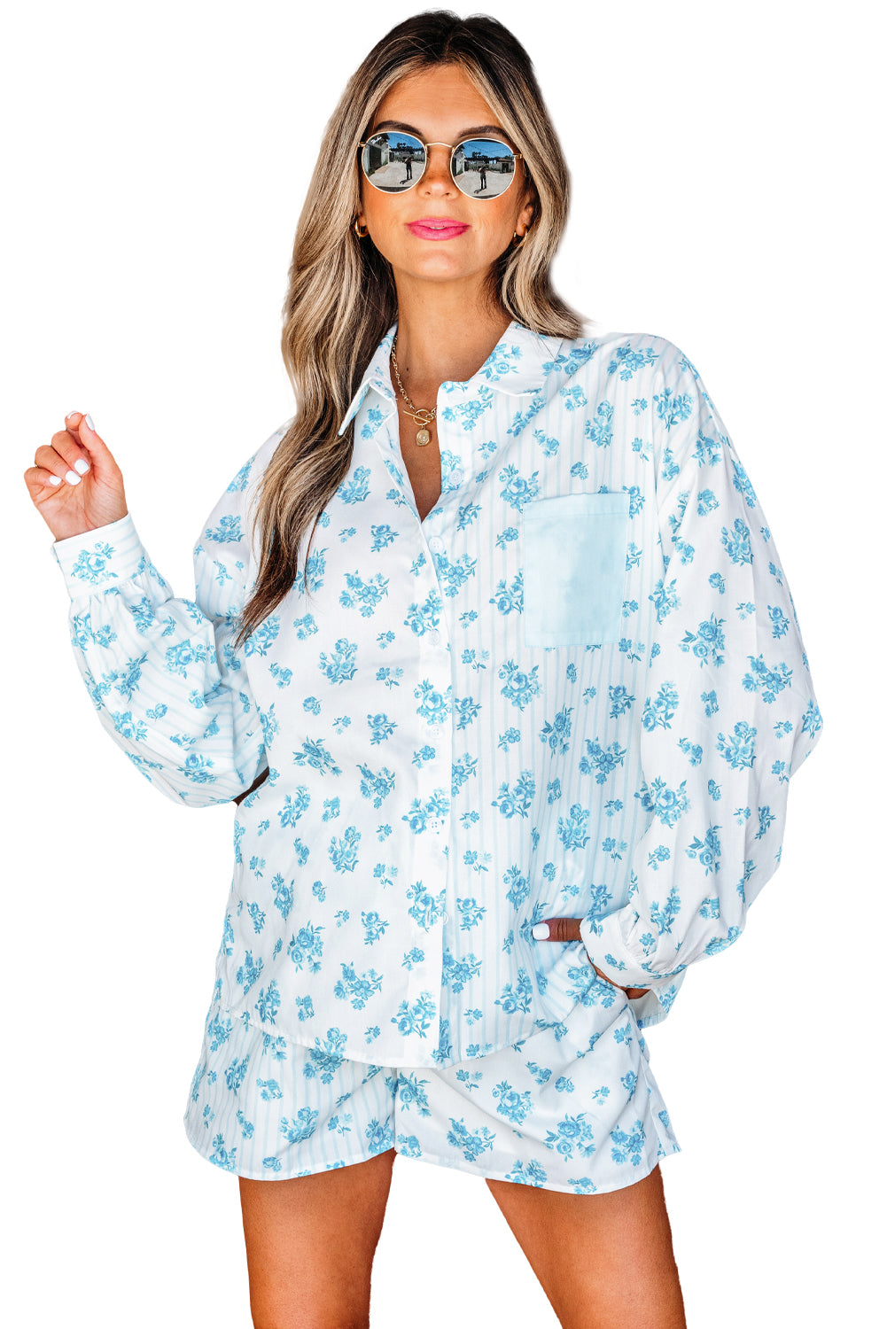 Sky Blue Floral Striped Print Contrast Patched Pocket Shirt and Shorts Set Short Sets JT's Designer Fashion