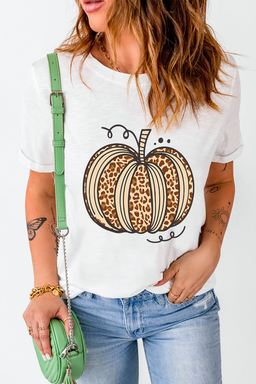 White Leopard Pumpkin Graphic Crewneck Halloween T Shirt Graphic Tees JT's Designer Fashion