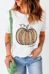 White Leopard Pumpkin Graphic Crewneck Halloween T Shirt Graphic Tees JT's Designer Fashion