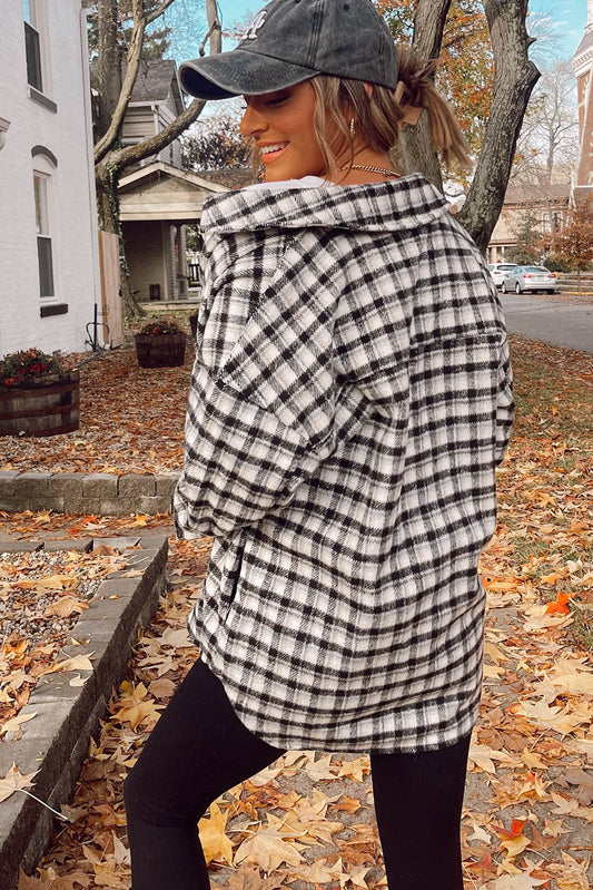 Black Plaid Print Chest Pockets Buttoned Tunic Shacket Plaid Shackets JT's Designer Fashion
