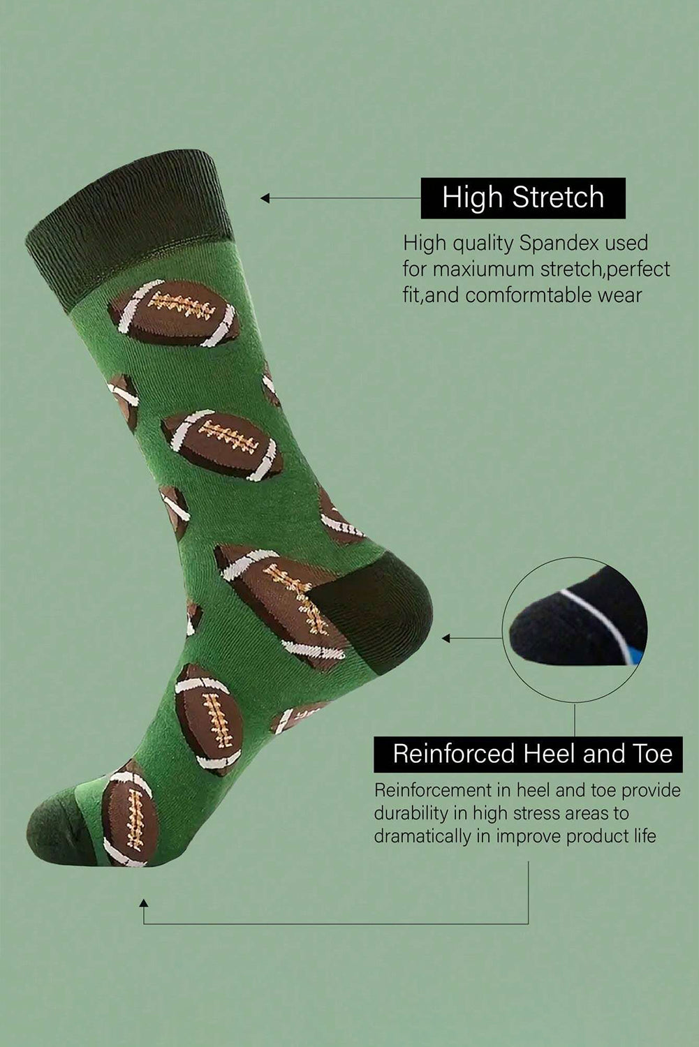 Blackish Green Rugby Football Print Mid-length Socks Socks JT's Designer Fashion