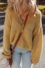 Light French Beige Lantern Sleeve Scallop V Neck Buttoned Front Cardigan Cardigans JT's Designer Fashion