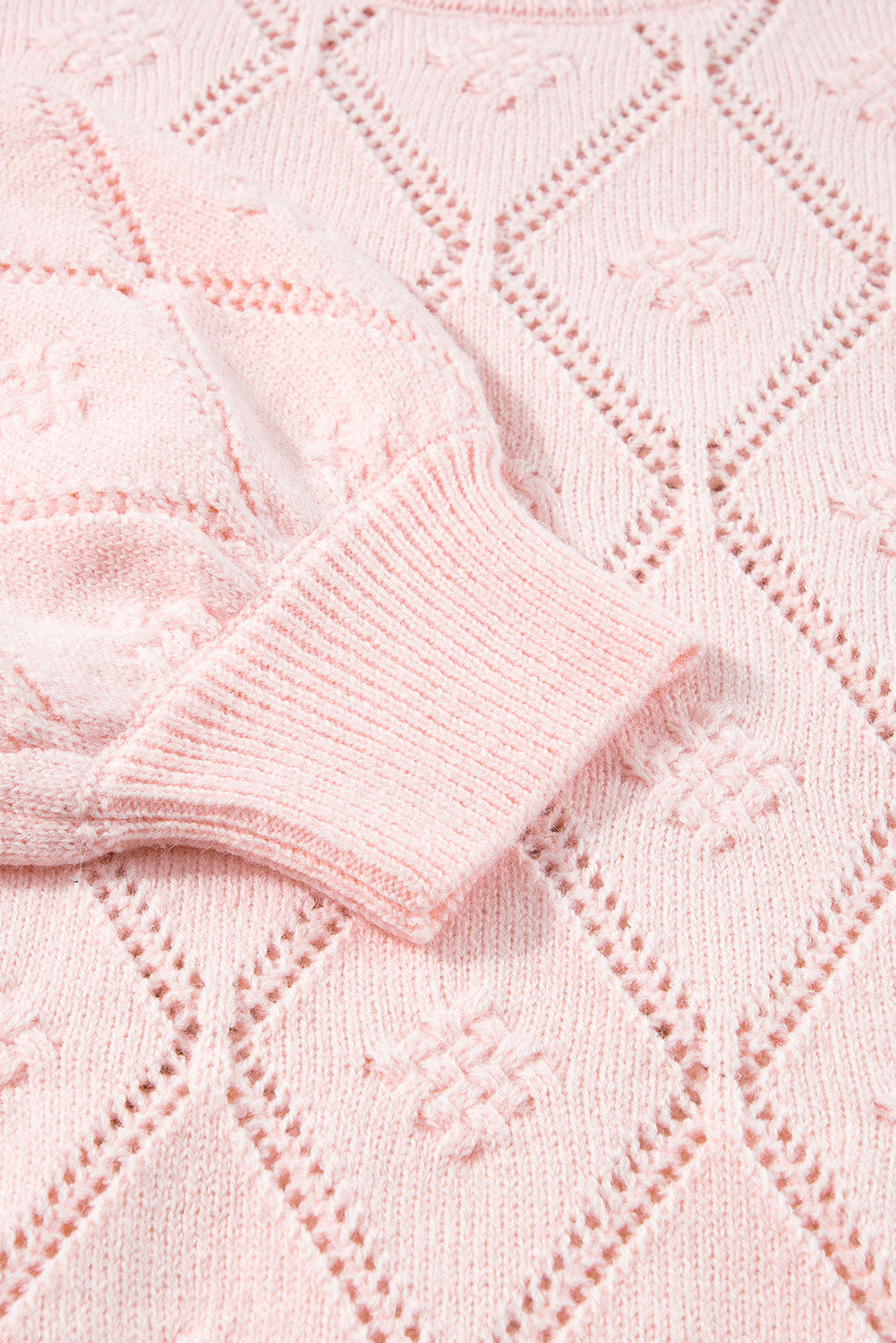 Gossamer Pink Openwork Plaid Puff Sleeve Cropped Sweater Sweaters JT's Designer Fashion