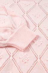 Gossamer Pink Openwork Plaid Puff Sleeve Cropped Sweater Sweaters JT's Designer Fashion