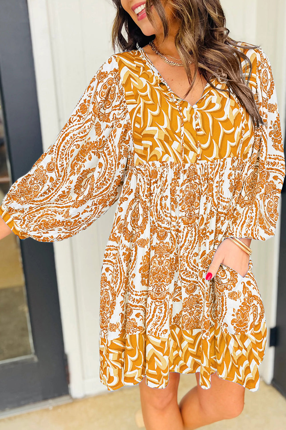 Orange Bohemian Print Puff Sleeve Tied V Neck Flared Mini Dress Mini Dresses JT's Designer Fashion