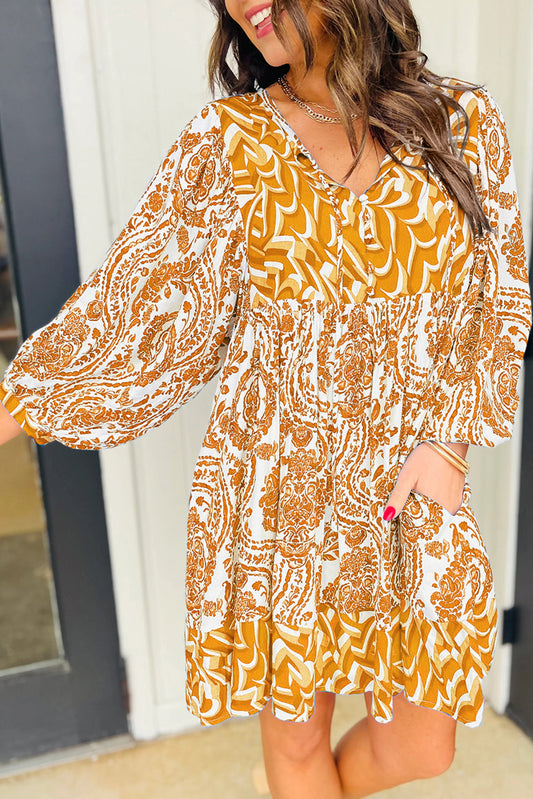 Orange Bohemian Print Puff Sleeve Tied V Neck Flared Mini Dress Mini Dresses JT's Designer Fashion