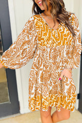 Orange Bohemian Print Puff Sleeve Tied V Neck Flared Mini Dress Mini Dresses JT's Designer Fashion