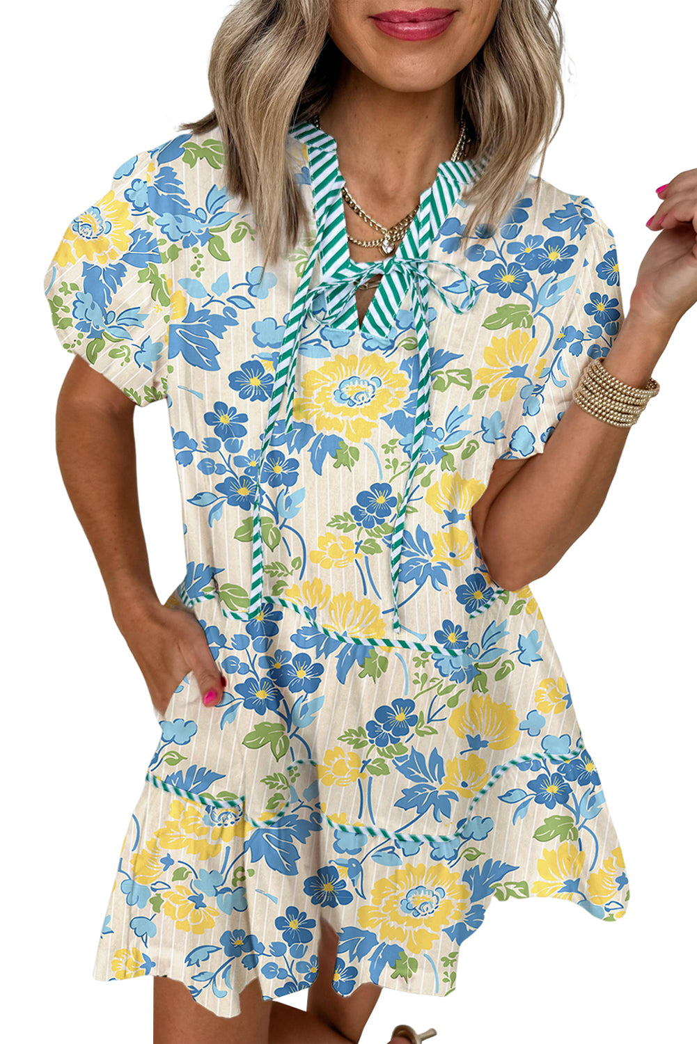 Blue Floral Striped Trim Puff Short Sleeve Dress Floral Dresses JT's Designer Fashion