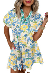 Blue Floral Striped Trim Puff Short Sleeve Dress Floral Dresses JT's Designer Fashion