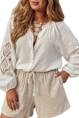 White Embroidered Textured Buttoned Crew Neck Shirt Blouses & Shirts JT's Designer Fashion