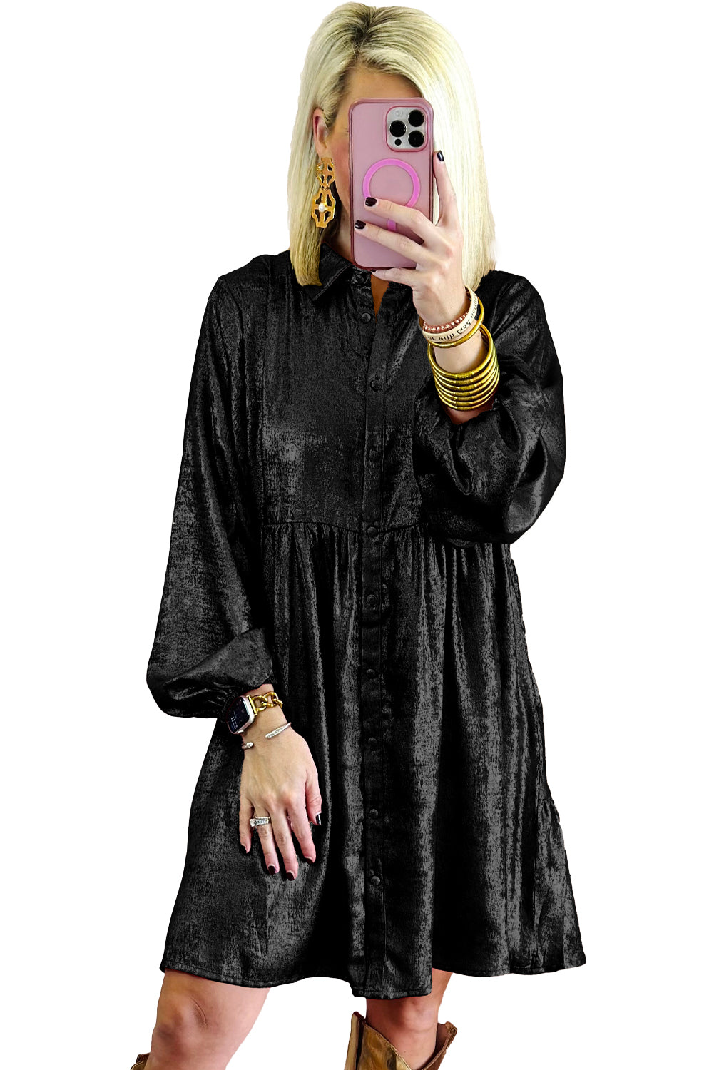 Black Metallic Sheen Puff Sleeve Button Up Mini Shirt Dress Mini Dresses JT's Designer Fashion