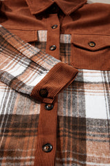 Cinnamon Plaid Corduroy Patchwork Chest Pocket Shacket Plaid Shackets JT's Designer Fashion