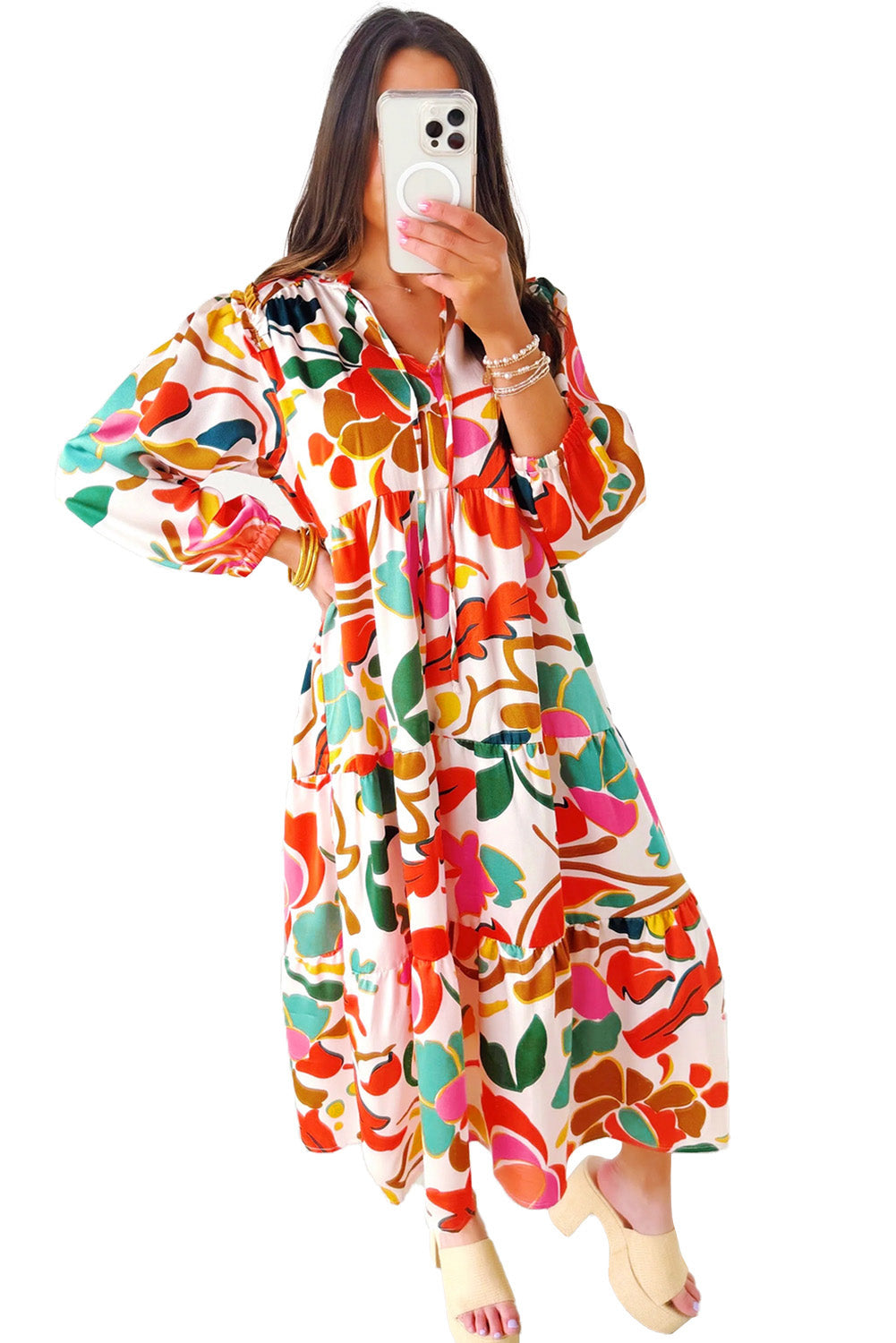 Orange Floral Print Split V Neck Tiered Long Dress Maxi Dresses JT's Designer Fashion