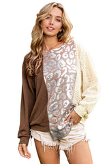 Brown Glitter Leopard Patchwork Crew Neck Long Sleeve Top Long Sleeve Tops JT's Designer Fashion