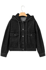 Black Big Chest Pocket Drop Shoulder Hooded Denim Jacket Denim Jackets JT's Designer Fashion