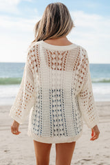 White Hollow Out Knit Bracelet Sleeve Drop Shoulder Sweater Sweaters JT's Designer Fashion