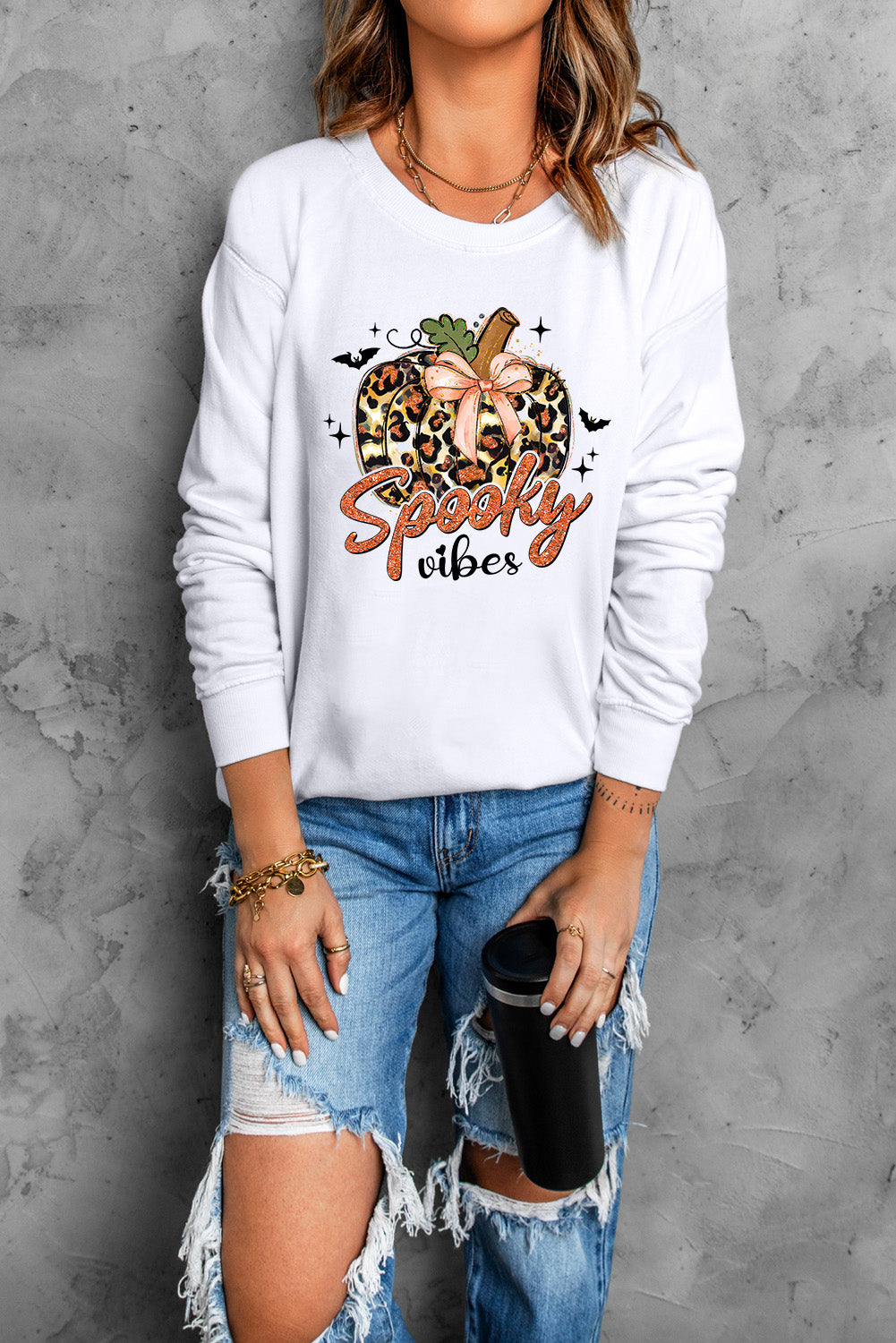 Beige Spooky Leopard Pumpkin Print Crew Neck Sweatshirt Graphic Sweatshirts JT's Designer Fashion