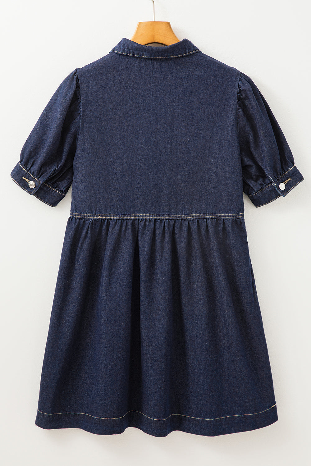 Dirty blue Zipped up Bodice Collared Short Puff Sleeve Denim Dress Mini Dresses JT's Designer Fashion
