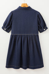 Dirty blue Zipped up Bodice Collared Short Puff Sleeve Denim Dress Mini Dresses JT's Designer Fashion