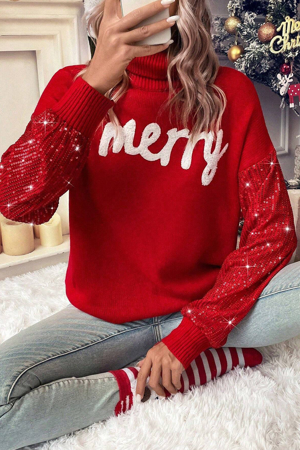 Racing Red Merry Graphic Sequin Sleeves Christmas Turtleneck Sweater Sweaters JT's Designer Fashion