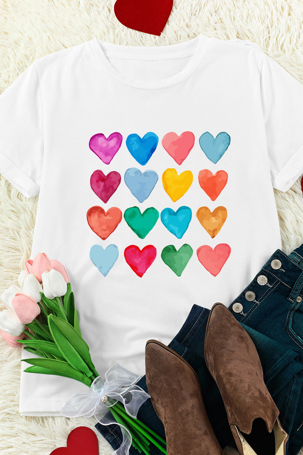 White Colorful Heart Shaped Print Crew Neck T Shirt Graphic Tees JT's Designer Fashion