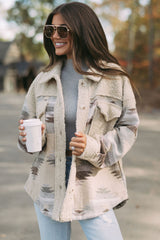 Khaki Western Aztec Print Sherpa Splicing Buttoned Flap Pocket Coat Jackets JT's Designer Fashion