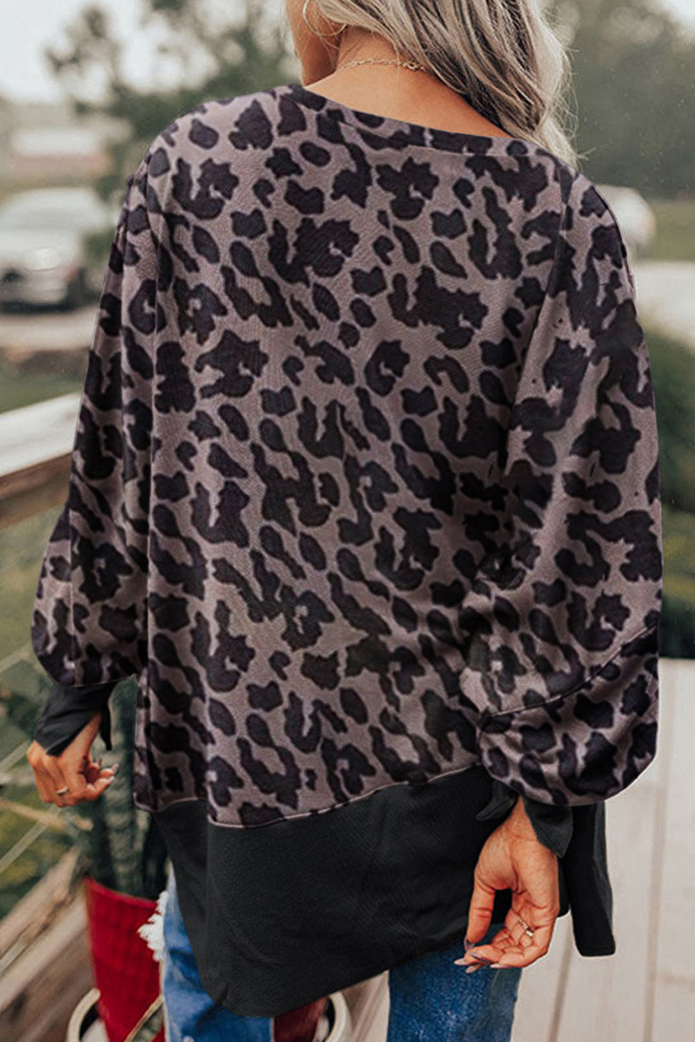 Black Leopard Patchwork Bishop Sleeve Slit Sweatshirt Sweatshirts & Hoodies JT's Designer Fashion