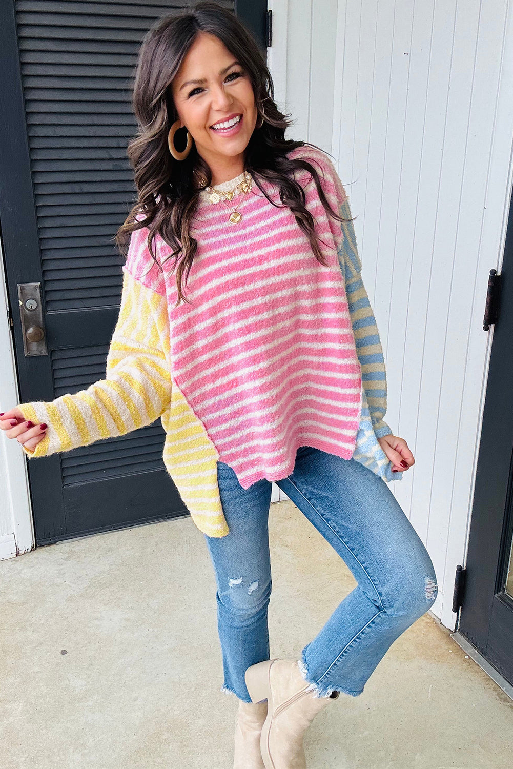 Multicolour Color Block Striped Patchwork Dolman Sleeve Slit Sweater Sweaters JT's Designer Fashion