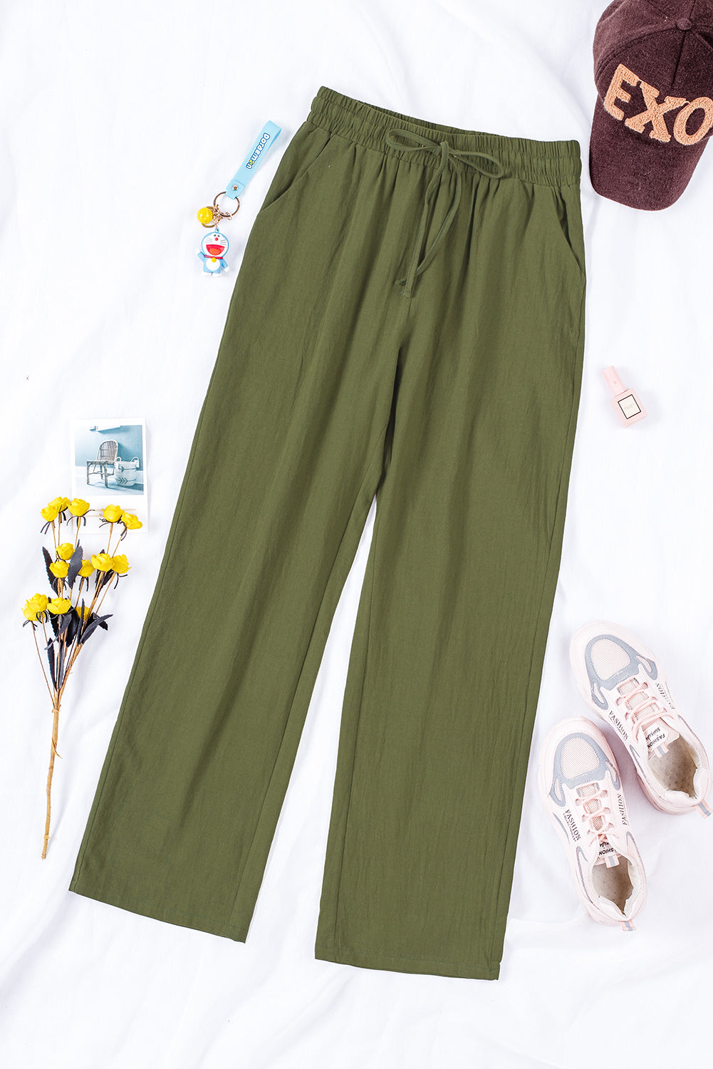 Green Drawstring Elastic Waist Pockets Long Straight Legs Pants Pants & Culotte JT's Designer Fashion