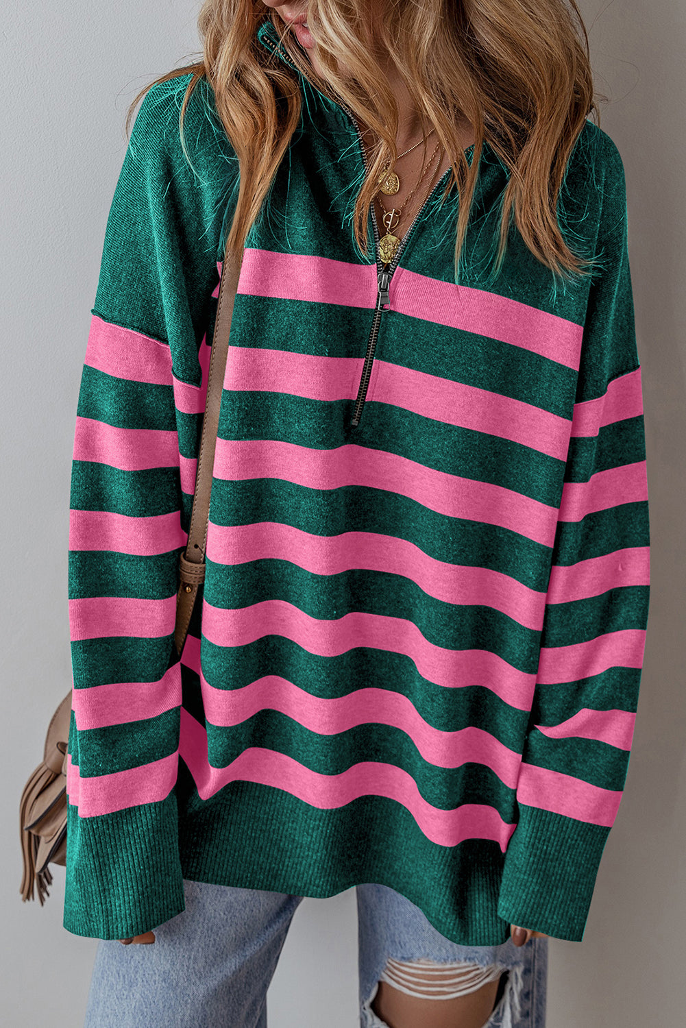 Green Collared Quarter Zipper Oversized Sweater Green 44%Polyester+30%Acrylic+20%Polyamide+6%Wool Sweaters JT's Designer Fashion