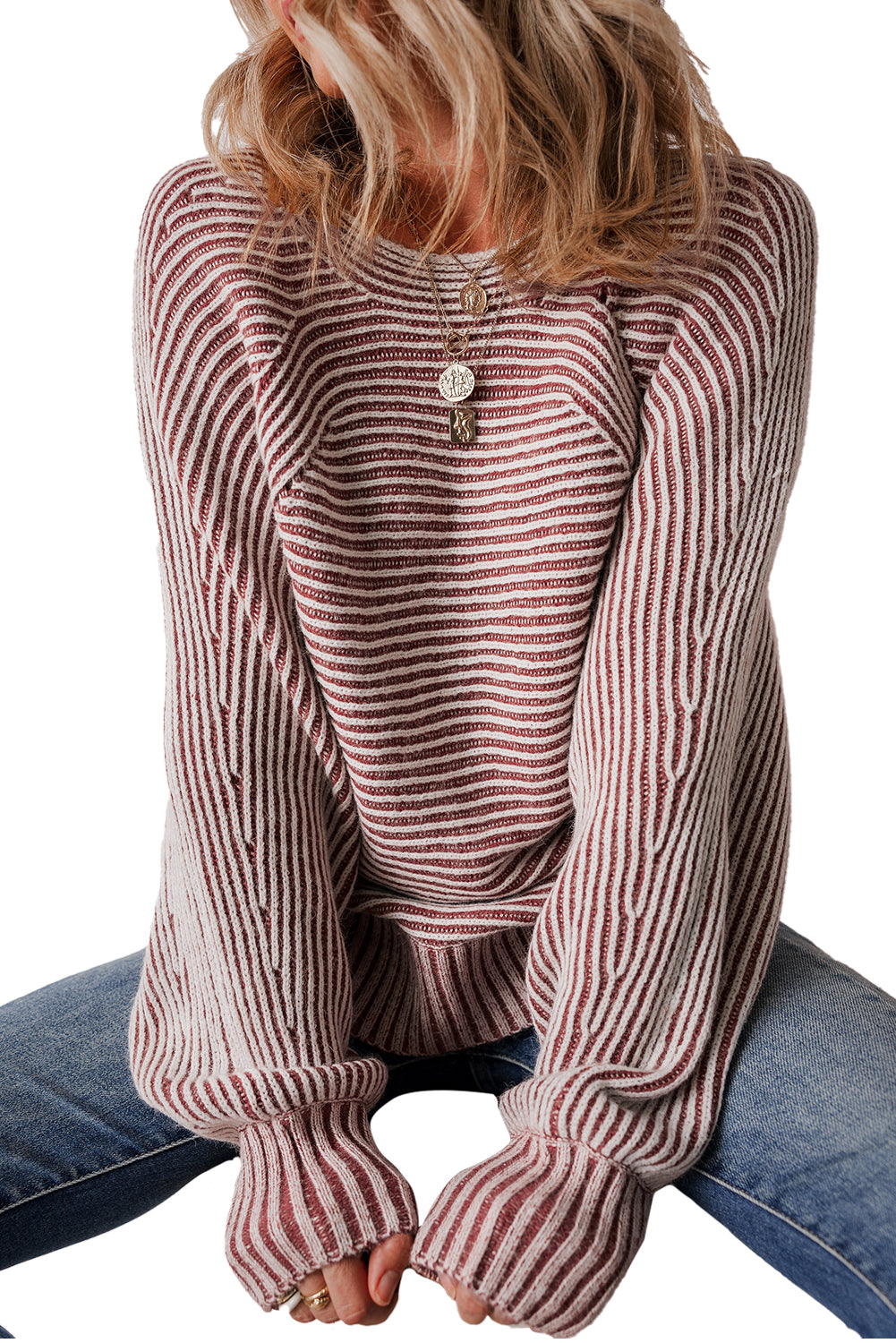 Red Dahlia Striped Print Ribbed Knit Boat Neck Baggy Sweater Sweaters JT's Designer Fashion