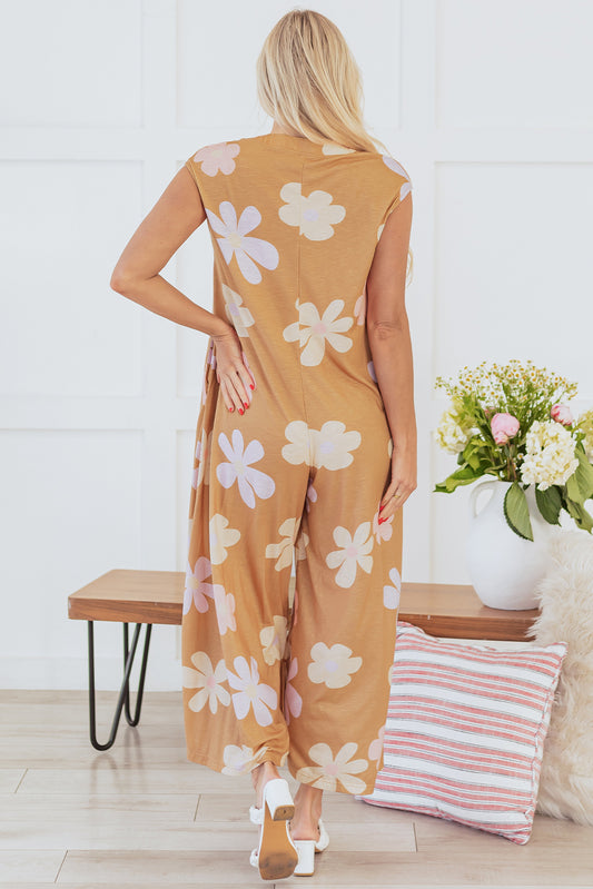 Khaki Floral Print Sleeveless Button up Wide Leg Loose Jumpsuit Jumpsuits & Rompers JT's Designer Fashion