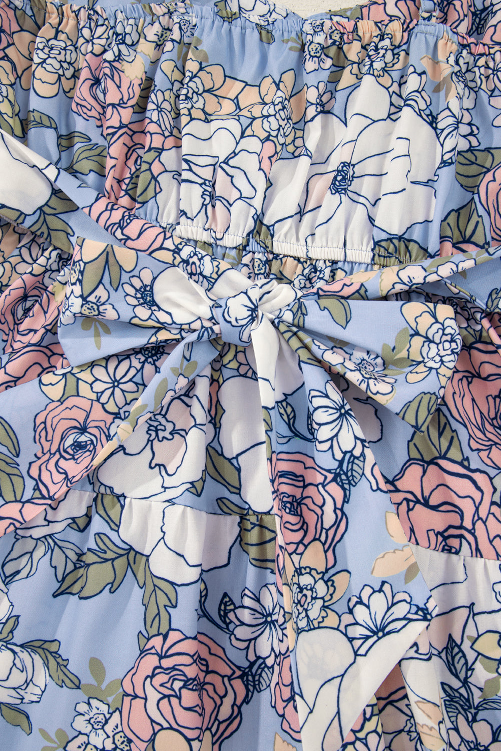Sky Blue Floral Tiered Patchwork Spaghetti Strap Vacation Dress Floral Dresses JT's Designer Fashion