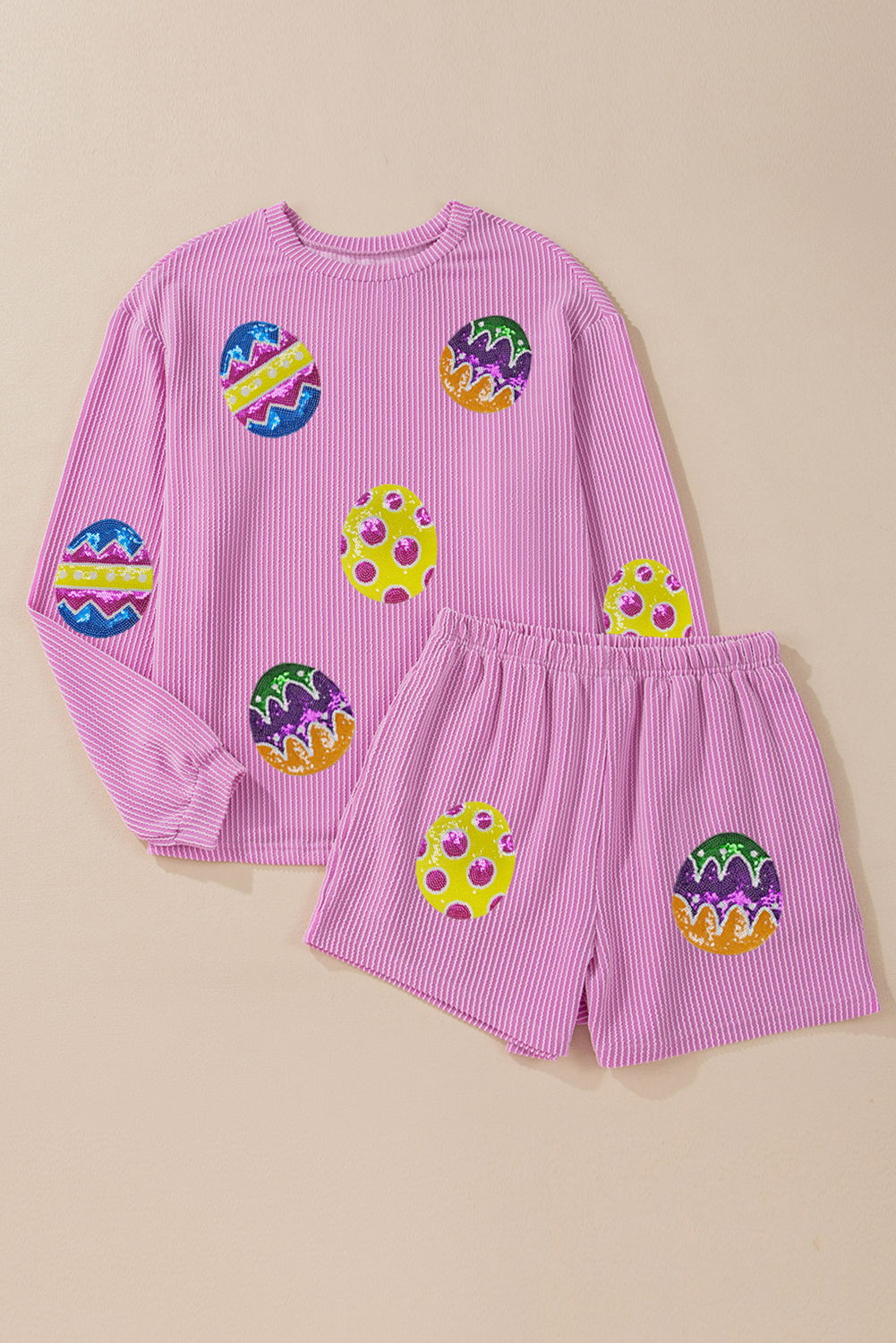 Phalaenopsis Easter Egg Patched Graphic Corded Long Sleeve Top Shorts Set Graphic Sets JT's Designer Fashion
