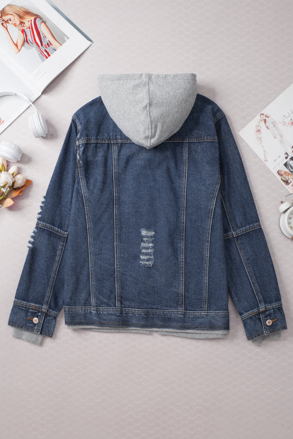 Dark Blue Fake Two-Piece Hooded Zip-Up Denim Jacket Denim Jackets JT's Designer Fashion