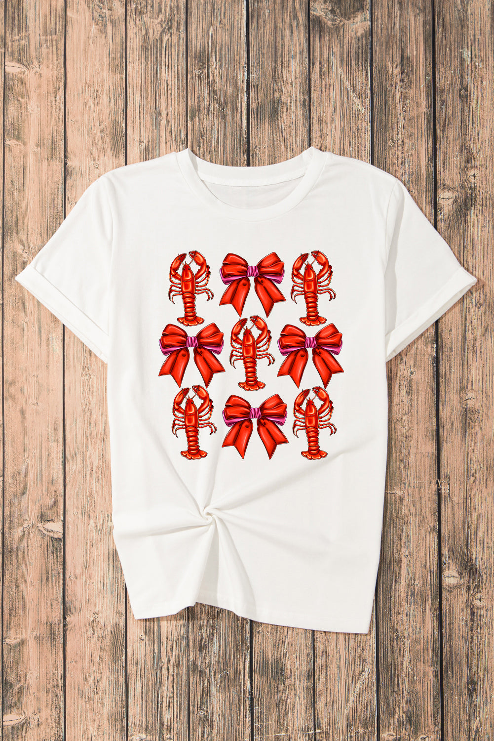 White Crawfish Bow Printed Casual T Shirt Graphic Tees JT's Designer Fashion