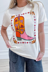 White Floral Cowgirl Boots Printed Casual T Shirt Graphic Tees JT's Designer Fashion