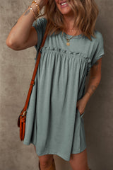 Mist Green Frilled Gathered Seam Round Neck T Shirt Dress T Shirt Dresses JT's Designer Fashion