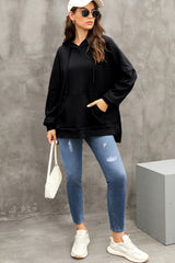 Black Waffle Knit Fleece Lined High Low Oversized Hoodie Sweatshirts & Hoodies JT's Designer Fashion