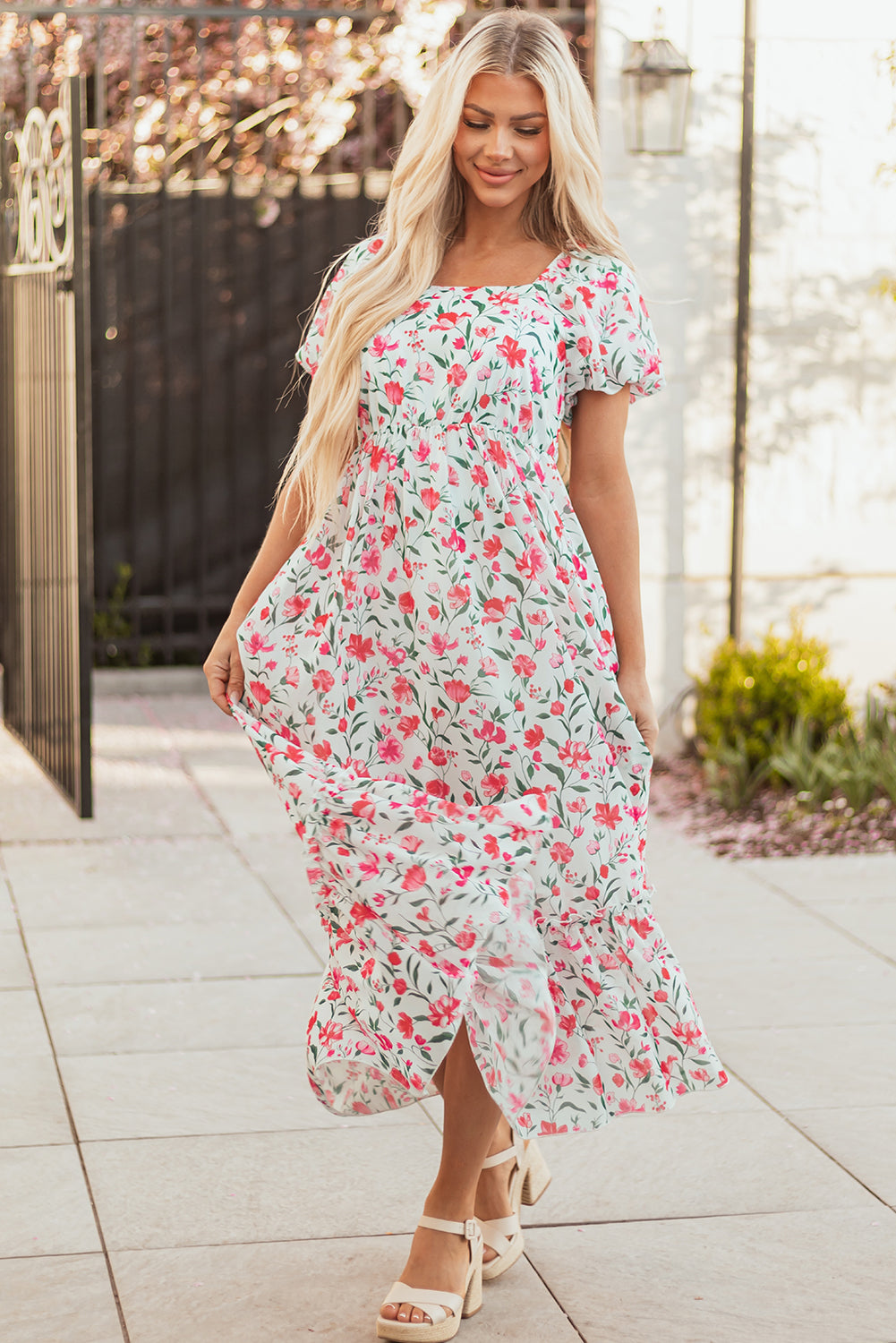 Pink Floral Puff Sleeve Square Neck Empire Waist Tiered Maxi Dress Floral Dresses JT's Designer Fashion