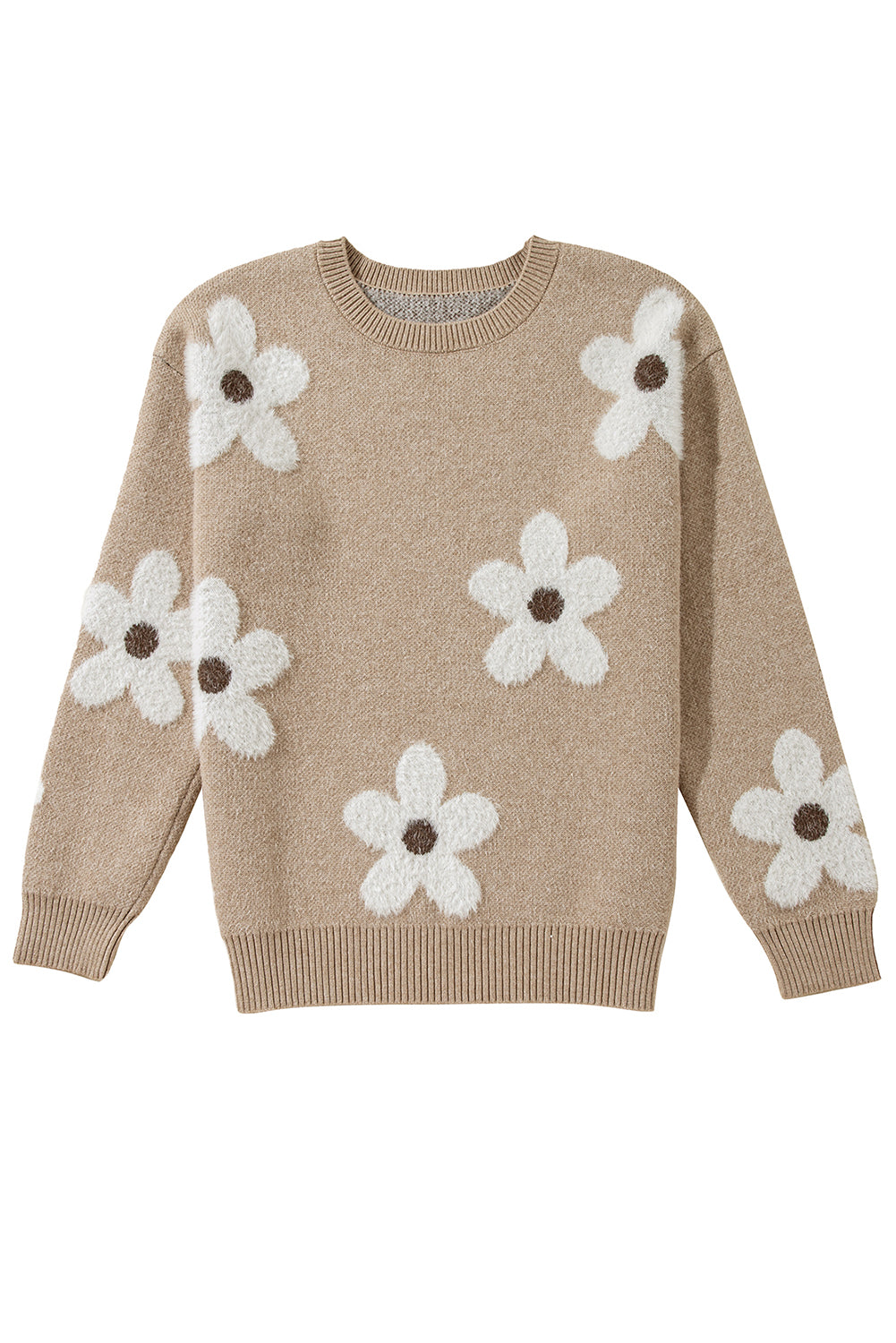 Parchment Flower Pattern Ribbed Trim Crew Neck Sweater Sweaters JT's Designer Fashion