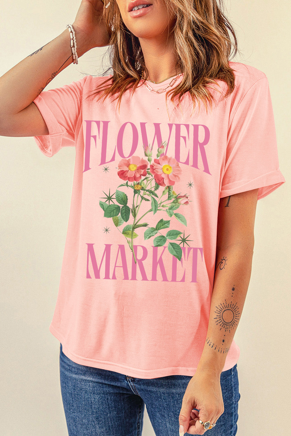 Pink FLOWER MARKET Graphic Crewneck T Shirt Graphic Tees JT's Designer Fashion