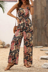 Black Floral Print Belted Sleeveless Wide Leg Jumpsuit Jumpsuits & Rompers JT's Designer Fashion