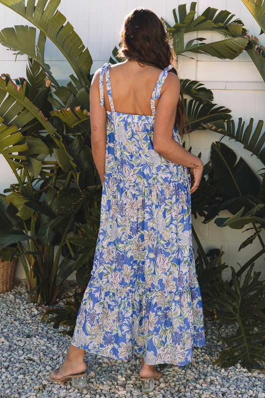 Sky Blue Floral Print Self-tie Straps Flowy Ruffle Long Dress Maxi Dresses JT's Designer Fashion