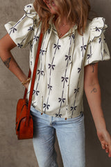 Beige Bow Printed Ruffled Bubble Sleeve Tied Notched V Neck Blouse Blouses & Shirts JT's Designer Fashion