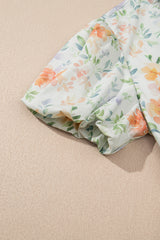 Beige Floral Print Shirred High Waist Puff Sleeve Mini Dress Floral Dresses JT's Designer Fashion