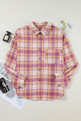 Pink Plaid Print Chest Pocket Long Sleeve Shacket Plaid Shackets JT's Designer Fashion